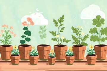 different herbs planted in pots on the windowsill Generative AI