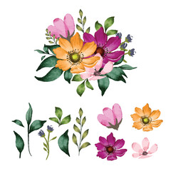 Floral bouquet with isolated flowers and leaves painted with watercolor