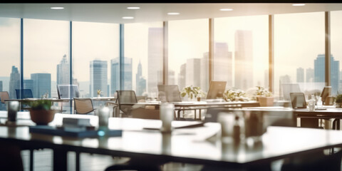 Business Ambiance: Blurred Modern Office Workspace in the Morning with City View