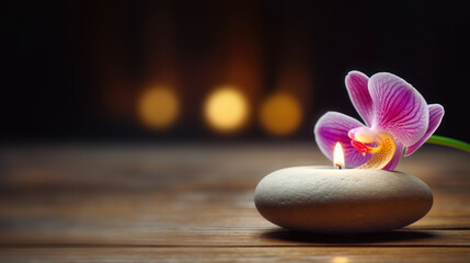 Naklejka na ściany i meble Beautiful asian spa composition with candle and orchid on wooden table on wellness center sustainable interior background. Beauty spa treatment and relax concept. Copy space. Generative ai