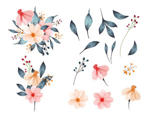 Set of watercolor flowers and leaves collection with a bouquet