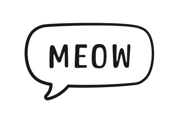 MEOW speech bubble outline doodle. Meow text. Cute hand drawn quote. Cat sound hand lettering phrase. Vector illustration for print on shirt, card, poster etc.
