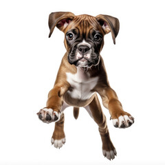 A full body shot of an energetic Boxer puppy (Canis lupus familiaris)