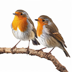 Two Robins (Erithacus rubecula) perching on a branch