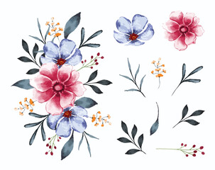 Isolated flower bouquet and leaves for floral background