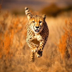 A Cheetah (Acinonyx jubatus) sprinting in the grassland
