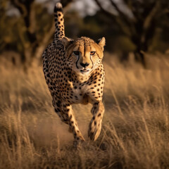 A Cheetah (Acinonyx jubatus) sprinting in the grassland