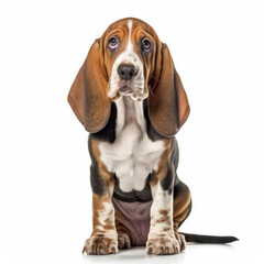 A full body shot of a sweet Basset Hound puppy (Canis lupus familiaris)