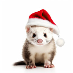 Fototapeta na wymiar A Ferret (Mustela putorius furo) with a Christmas hat