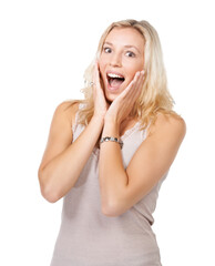 Woman, portrait and face in surprise standing isolated on a transparent PNG background. Shocked and excited female person or model with hands on cheek and facial expression for winning prize or news