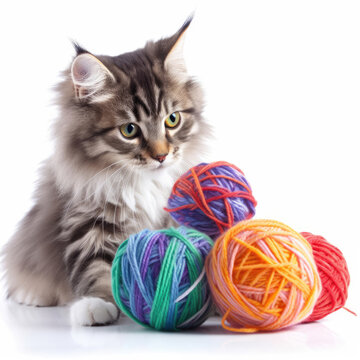 Maine Coon cat (Felis catus) playing with ball of yarn