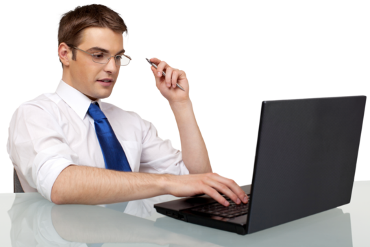 Businessman with Glasses and Working on Laptop