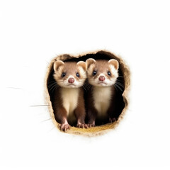 Two Polecats (Mustela putorius) peeking out of a hole