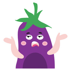 Flat vector illustration of a cute eggplant doing questioning pose on white background.