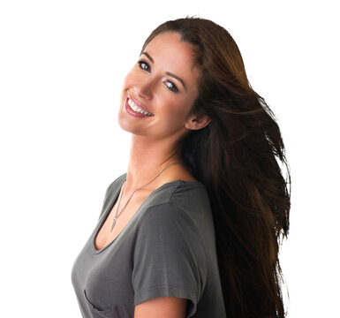 Youth, portrait and happy woman isolated on a transparent png background. Face, casual style and fashion of female model from Australia with trendy clothes, fashionable outfit and wind in her hair.