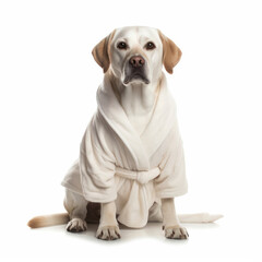 A Labrador Retriever (Canis lupus familiaris) with a bathrobe and slippers - obrazy, fototapety, plakaty