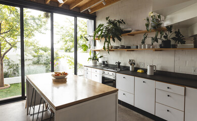 View of modern home kitchen interior with french windows to small garden
