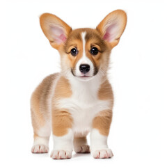 A full body shot of a playful Pembroke Welsh Corgi puppy (Canis lupus familiaris)