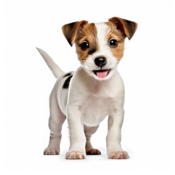 A full body shot of a playful Jack Russell Terrier puppy (Canis lupus familiaris)