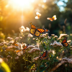 Monarch Butterflies (Danaus plexippus) in a beautiful migration scene