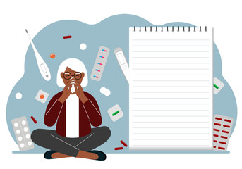 A sick old woman with a runny nose holds a handkerchief. Nearby there are a lot of medicines, pills, thermometers and a large notebook for notes.