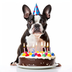 Boston Terrier (Canis lupus familiaris) wearing party hat, blowing out candles on cake