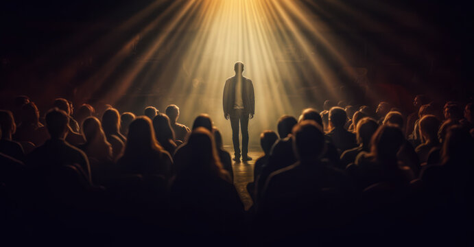 A man stands in the spotlight at the front while the audience and numerous listeners watch. Convincing notions for business conversations. voice strength