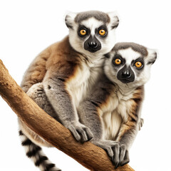 Two Lemurs (Lemur catta) hanging from a tree