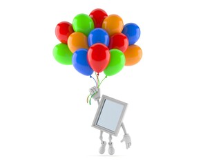 Window character flying with balloons