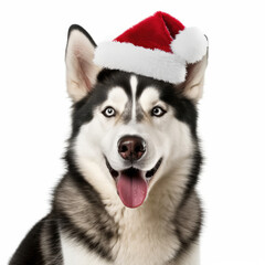 Naklejka na ściany i meble A Husky (Canis lupus familiaris) with a Santa hat and Christmas lights