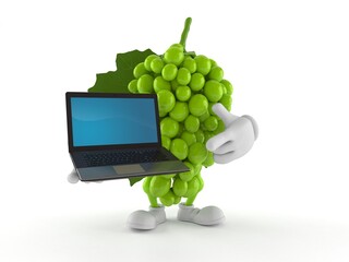 Grapes character holding laptop