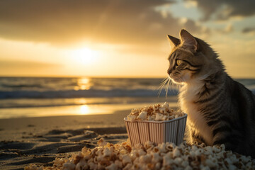 cat on sunset beach enjoying popcorn food , Generative AI 