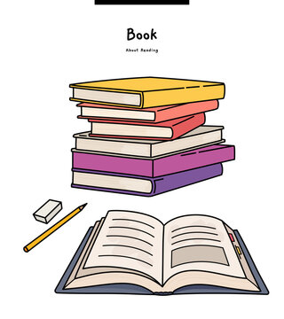 This illustration is a stack of books, books, pencils, and erasers.