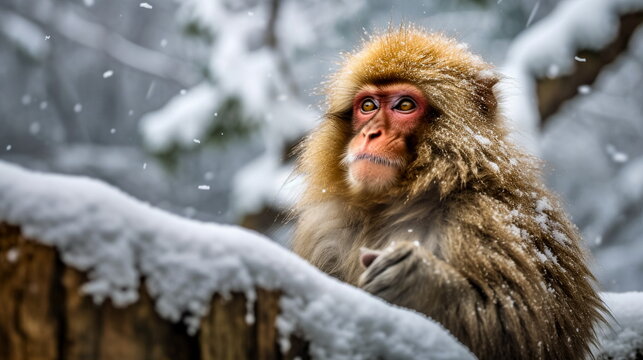 Japanese macaque (Macaca fuscata) sitting in the snow. AI generated Illustration