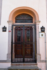 Wooden blue door of nostalgic house in Cunda Island, Ali Bey Island, Ayvalik, Balikesir, Turkey...