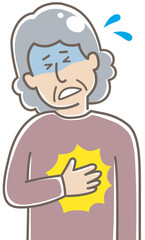 発作で胸を抑える高齢女性