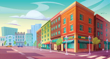 Vector city street with building and house cartoon illustration. Car on road and isometric apartment home exterior landscape. Nobody in town with vintage downtown shop design game day scene view.