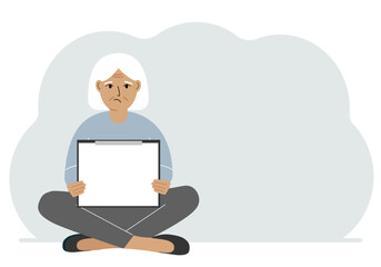 A old woman sits crossing his legs and holds a clipboard with a white read sheet for the text in his hands.