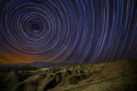 Anza-Borrego Desert Badlands Star Trails. Over four hours of star trails over alien-like badlands in Anza-Borrego Desert State Park. The foreground here contains some odd bubbly badlands.