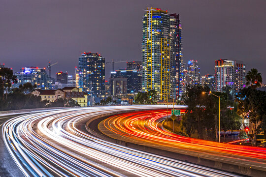 Long exposure from a pedestrian bridge over the Interstate 5 freeway in downtown San Diego, California.