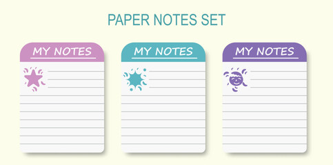 Naklejka premium Scrapbook notes and cards. Diary, page notebook, notepad bookmark design. Daily planner element template. Personal memo, paper blank list, document, sticker, cardboard. Vector illustration.