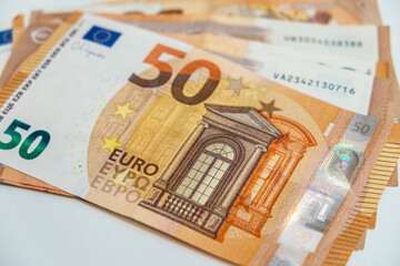 selective focus, several 50 euro banknotes. Economy concept