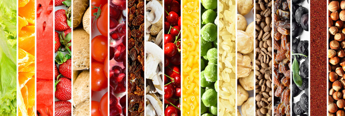 Photo collage of various raw fresh cereals, legumes, spices fruit and vegetables, website header...
