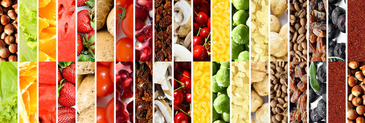 Photo collage of various raw fresh cereals, legumes, spices fruit and vegetables, website header...