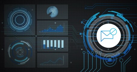 Animation of scope scanning with email icon, data processing on digital screens on black background