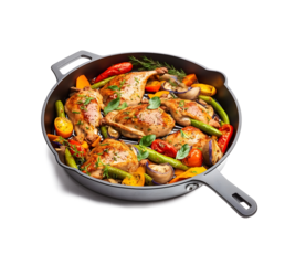 Chicken with vegetables in frying pan png