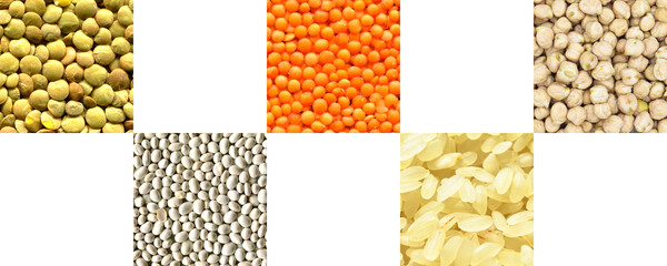 Photo collage of various raw fresh cereals, legumes, spices and vegetables, website header banner