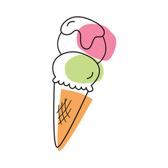 Ice cream in line art illustration. Different flavored ice cream balls in the waffle cone.Modern trendy vector cartoon illustration