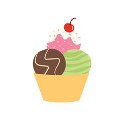 Ice cream balls in different flavors in a bowl. Cartoon vector illustration