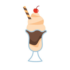Ice cream in a glass cup with vanilla, chocolate and cherry and biscuit on top of it. Vector cartoon illustration